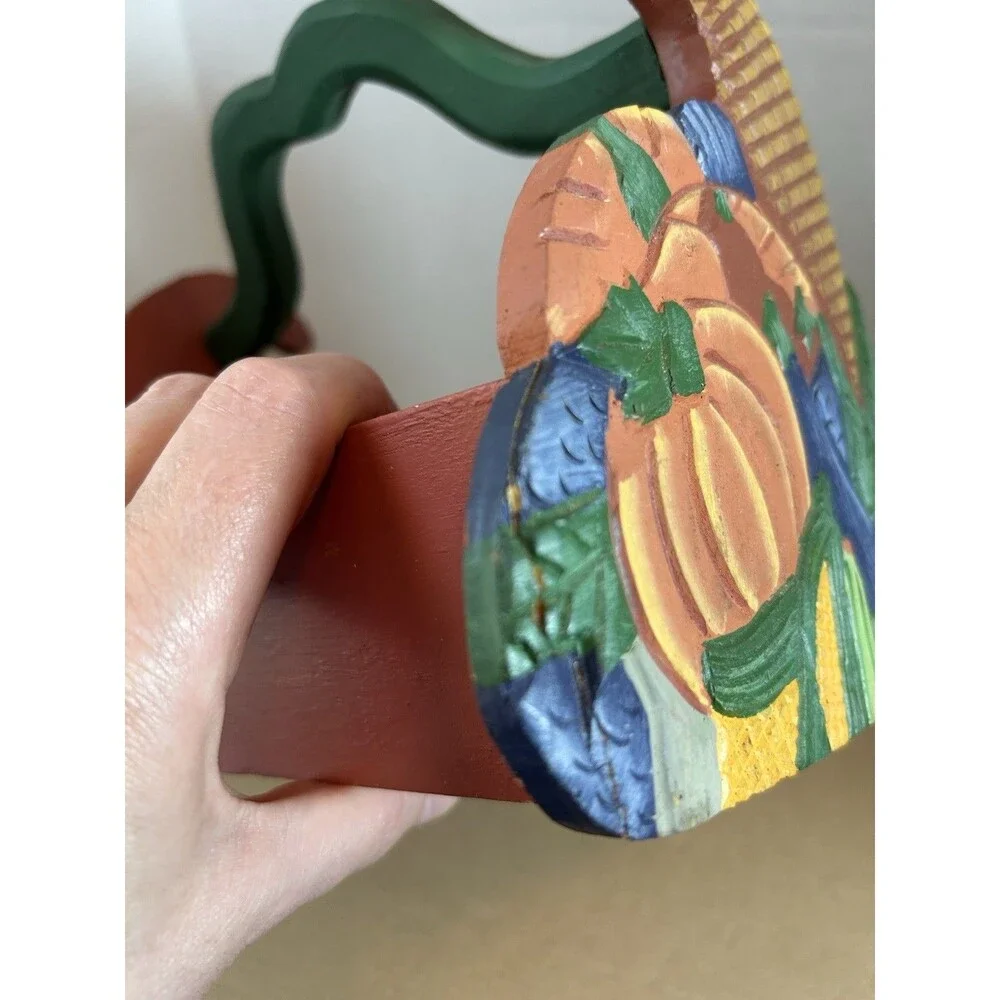 Hand Carved Wood Basket Cornucopia Fall Harvest Decor Rustic 8in Farmhouse